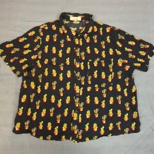 Love Notes Womens Cactus Print Button Down Shirt Black Rayon Short Sleeve Large
